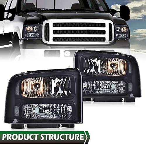 Image of GRAND ORANGE Headlights Assembly Compatible with Ford F250 F350 F450 F550 Super Duty 1999-2004 / Fit Ford Excursion 2000-2004 Headlamp Smoke lens Black Housing Clear Reflector