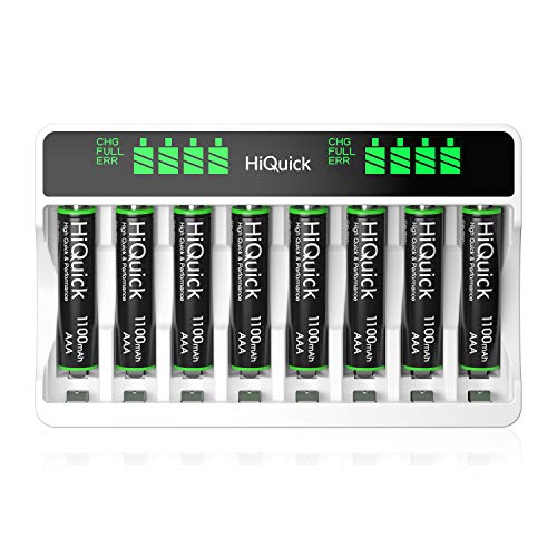 HiQuick Rechargeable AAA Batteries with Charger, 8 Slot LCD Charger for Rechargeable AAA AA Battery and 1.2V Ni-MH 1100mAh Rechargeable AAA Batteries 8 Counts