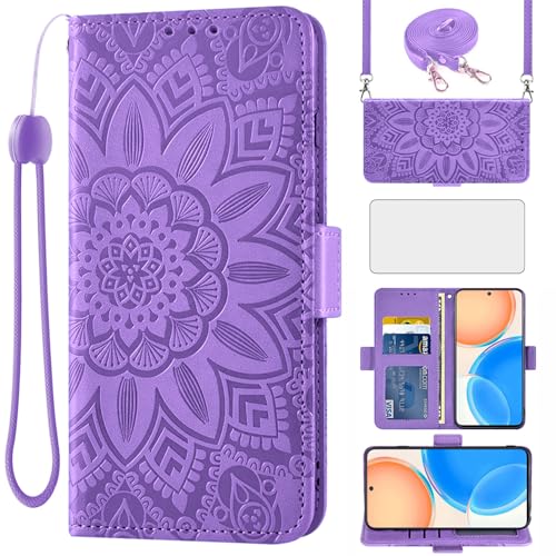 Cover per Honor X8 4G con Cordino e Pellicola Vetro Temperato Supporto Regolabile Pelle Portacarte Portafoglio Custodia per protettiva Huawei HonorX8 2022 X30i TFY-LX1 Cellulare Case Viola