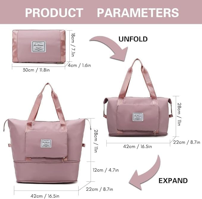 Image of Large Capacity Folding Travel Tote Bag, Oxford Fabric Waterproof Lightweight Foldable Travel Duffel Bag, Portable Expandable Travel Bag, Dry and Wet Separation Carry On Bag for Airplanes (Pink)