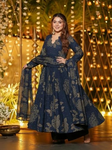 Image of ANNI Designer Women's Viscose Blend Umbrella Style Printed Kurta Palazzo with Dupatta | Stylish Kurta Set for Women | Elegant Palazzos & Dupatta Set | Traditional Ethnic Wear
