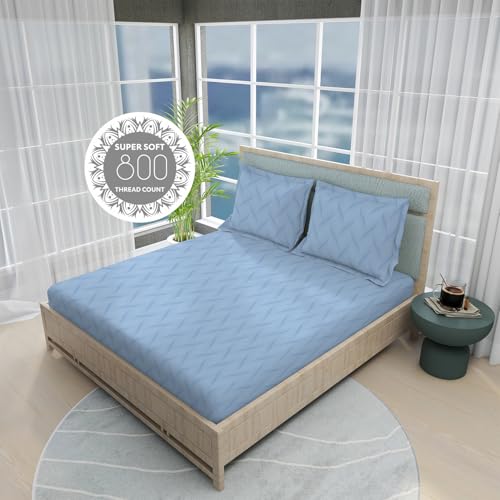 Image of BOUTIQUE LIVING India Radiance Cotton Blend 825 CVC Blue King Bedsheet with 2 Pillow Covers