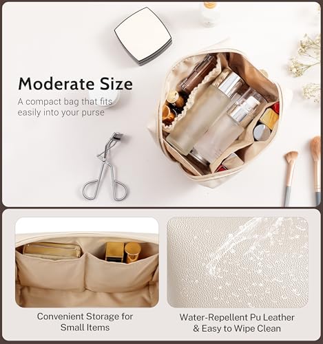 Aveniee Travel Makeup Bag Small, Vegan Leather Cosmetic Pouch for Purse, Wide-open Toiletry Organizer with Dividers & Zipper for Women-Beige4