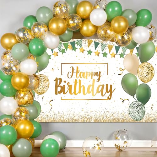 Image of Tatuo Sage Green Birthday Confetti Balloons Kit Set Photography Backdrop Banner Package for Boys Girls Men Women Birthday Party Decorations Supplies Rustic Boho Favors (Green and Gold)