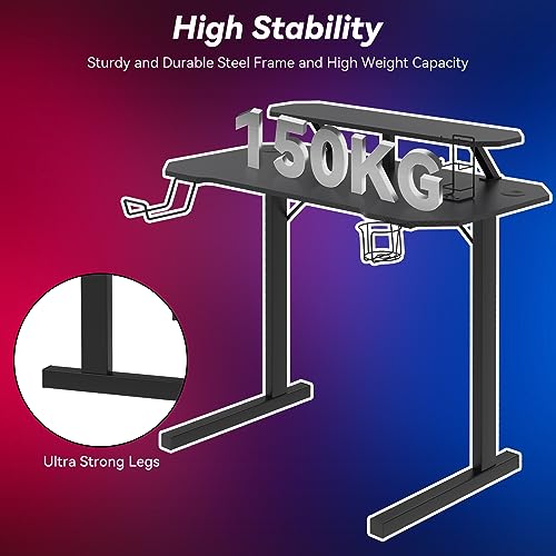 Bureau Gaming, Bureau Informatique pour Gaming PC Informatique, Table en Fibre de Carbone, 100 x 54 x 74 cm Noir Desk avec Porte Gobelet et Crochet pour Casque – Image 4