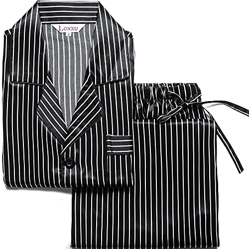 Image of Lonxu Pajamas Set Mens Silk Satin Pajamas Long Sleeve Loungewear Two-Piece Sleepwear Button-Down Pj Set S-XXXXL