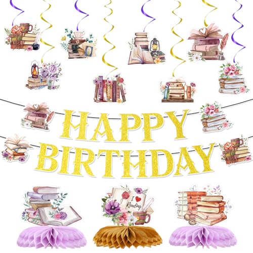 Lovarywow Book Themed Party Decorations - 13PCS Glitter Book Happy Birthday Banners Hanging Swirls...