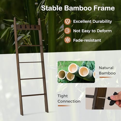 COSTWAY Bamboo Blanket Ladder, 5-Tier Towel Rack Ladder Shelf with 4 Removable Hooks, Farmhouse Decorative Wall Leaning Storage Shelving Unit Blankets Towel Holder for Bathroom Bedroom - Cosy Home Interiors COSTWAY Bamboo Blanket Ladder, 5-Tier Towel Rack Ladder Shelf with 4 Removable Hooks, Farmhouse Decorative Wall Leaning Storage Shelving Unit Blankets Towel Holder for Bathroom Bedroom - Image 4