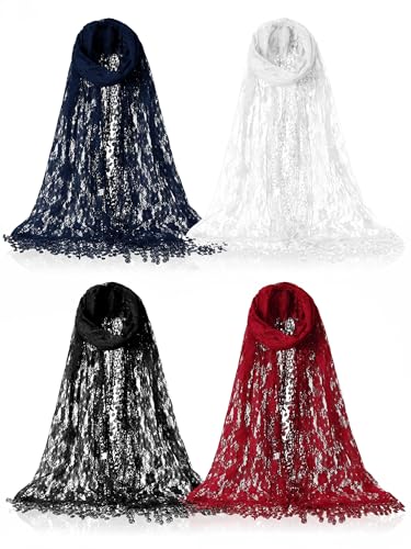 4pcs Lace Shawl for Women Fringes Lightweight Scarf Fringes Soft Leaf Scarf, Lace Tassels Long Mesh Crochet Tassel for Women, Feminine Teardrop Fringe Shawl for Dinners, Weddings, Speeches