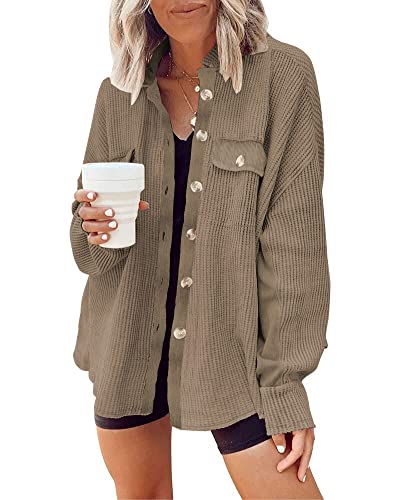 Image of Womens Corduroy Button Down Shirts Color Block Long Sleeve Blouses Tops Jackets