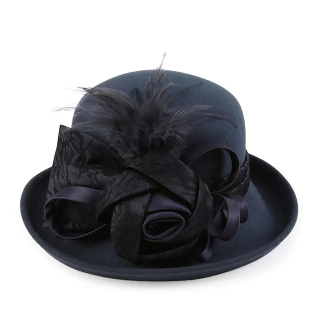 SaoBiiu Vintage Nero Lana Cloche Cappelli Wide Brim Fedora Cappello per le Donne Fiore Marrone Feltro Inverno Bowler Cap Donna Cappello di Feltro