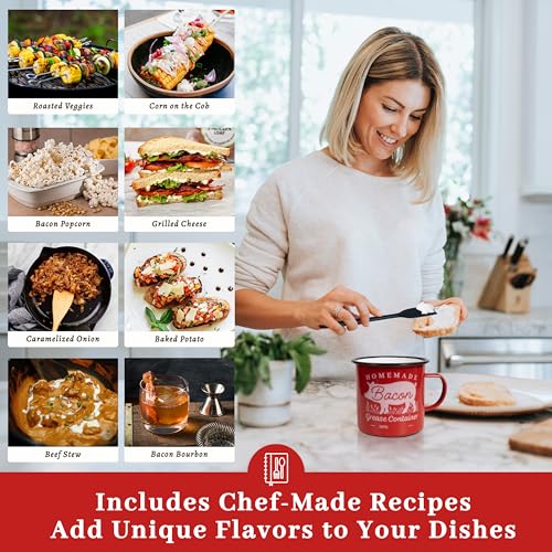 Image of Ayerphalo Bacon Grease Container with Strainer - With Food-Grade Silicone Spatula, 24oz Enamel Rustic Farmhouse Fat Container, Keeper, Recipes, Dishwasher Safe