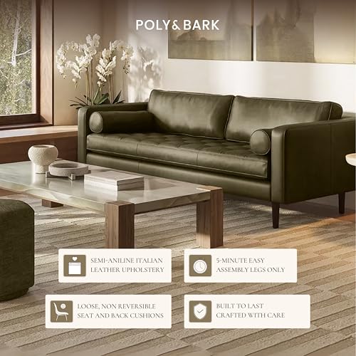 Image of Poly & BARK Napa 88.5 inch Leather Sofa - Full-Grain Italian-Tanned Aniline Leather, Feather-Down Comfort, Solid Wood Frame, Walnut Legs, Olivine Green
