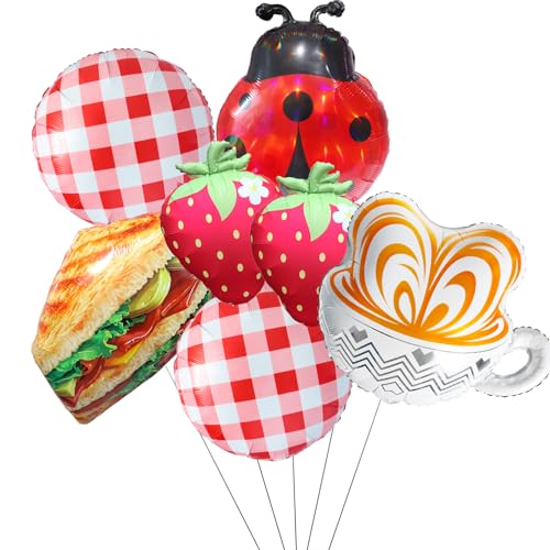 7Pcs Picnic Party Balloons/Sandwich, Coffee Cup Food Balloon/Strawberry, Ladybug & Red Gingham Foil Balloons for Summer Outdoor Party, Farm Theme, Garden Brunch, Picnic Birthday Decorations