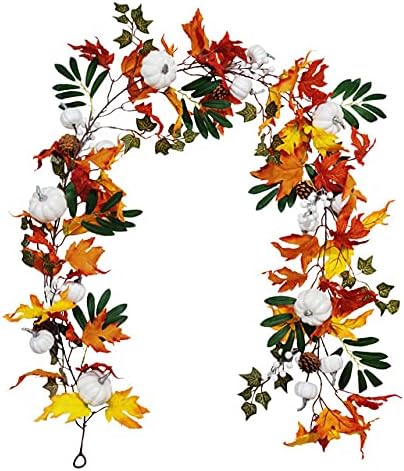 LIZX Artificial Maple Leaf Sunflower White Pumpkin Garland Hanging Vine Decoration Autumn Fall Wedding Party Thanksgiving Home Décor, 75inch