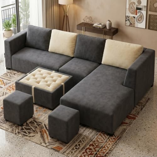 Image of FURNY Olympus 8 Seater RHS L Shape Sofa Set | Plush Velvet Suede Fabric | Modern Design | Soft Comfort Dual Color Cushions for Living Room, Office & Hotels (Dark Grey-Cream)