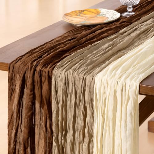 Image of Cheesecloth Table Runner Fall Boho 3pcs Mix and Match Wedding Decor | Brown Nude Beige Rustic Gauze 10FT Cheese Cloth Sheer Farmhouse Runner for Wedding Party Baby Shower Holiday Decorations