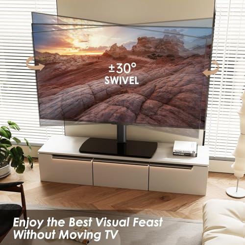 Image of FITUEYES Universal TV Stand Mount for 43-80 85 inch TVs, Swivel Tall TV Mount Stand, Table Top TV Stand Base Replacement, Height Adjustable TV Table Stand, Glass Base, Max Holds 110lbs