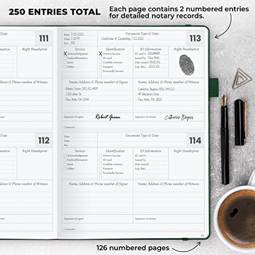 Legend Notary Journal – Hardcover Notary Log Book With Pre-Printed Entries – Notary Public Journal Of Notarial Acts – Notary Supplies – 250 Entries, Numbered Pages, 7"X10" (Dark Green) #TOP2