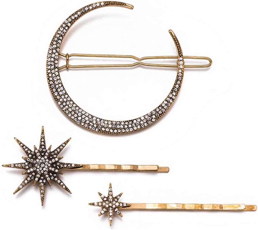 1Set 3Pcs Gold Moon Star Shape Rhinestone Hair Clips Shiny Artificial Diamond Side Clamps Hair Bobby Pins Barrettes Insert Clasps Grips Headwear Headdress for Hairdressing Decoration