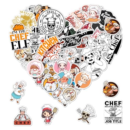 50 Pack Pcs Chef Stickers for Water Bottles Waterproof Vinyl Laptop Luggage Scrapbooking Funny Cooking Themed Sticker Packs Bulk Set Teens Adults Girls Kids Aesthetic Small Decals