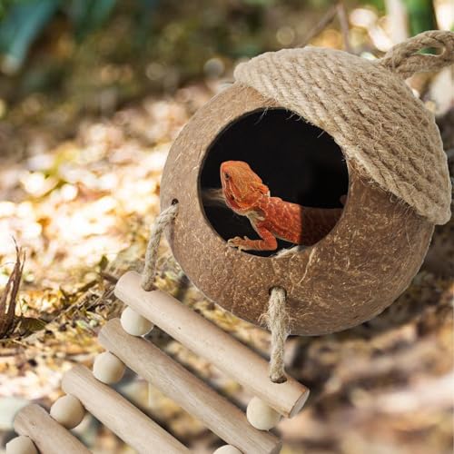Image of 5 PCS Gecko Tank Accessories,Gecko Coconut Hide with Ladder Reptile Terrarium Plants Hammock Climbing Flexible Jungle Vine Tank Decor for Crested Gecko,Baby Bearded Dragon,Chameleon,Snake