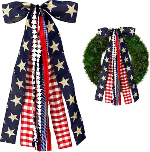 Large Patriotic Ribbon Bow, 4th of July Red White and Blue Bows Clip-On Star Sash Patriotic Wreaths for Front Door Indoor Outdoor Memorial Day Decoration