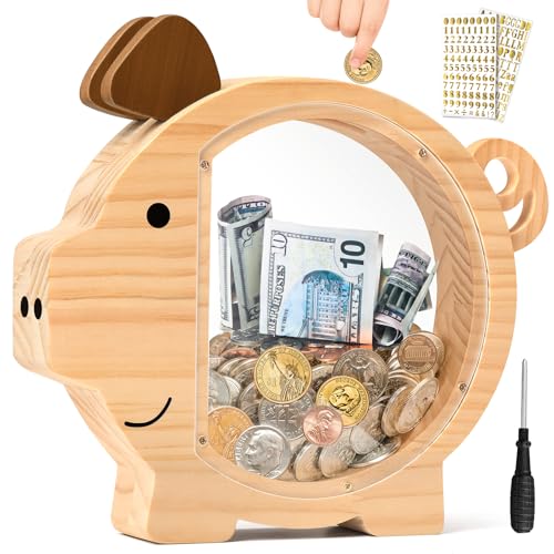Piggy Bank for Kids Adults, Vcertcpl Wooden Piggy Banks with Acrylic Clear Sides, Unbreakable Piggy Bank for Boys Girls Money Saving Box, Kids Bank for Real Money Bank Coin Bank Change Jar
