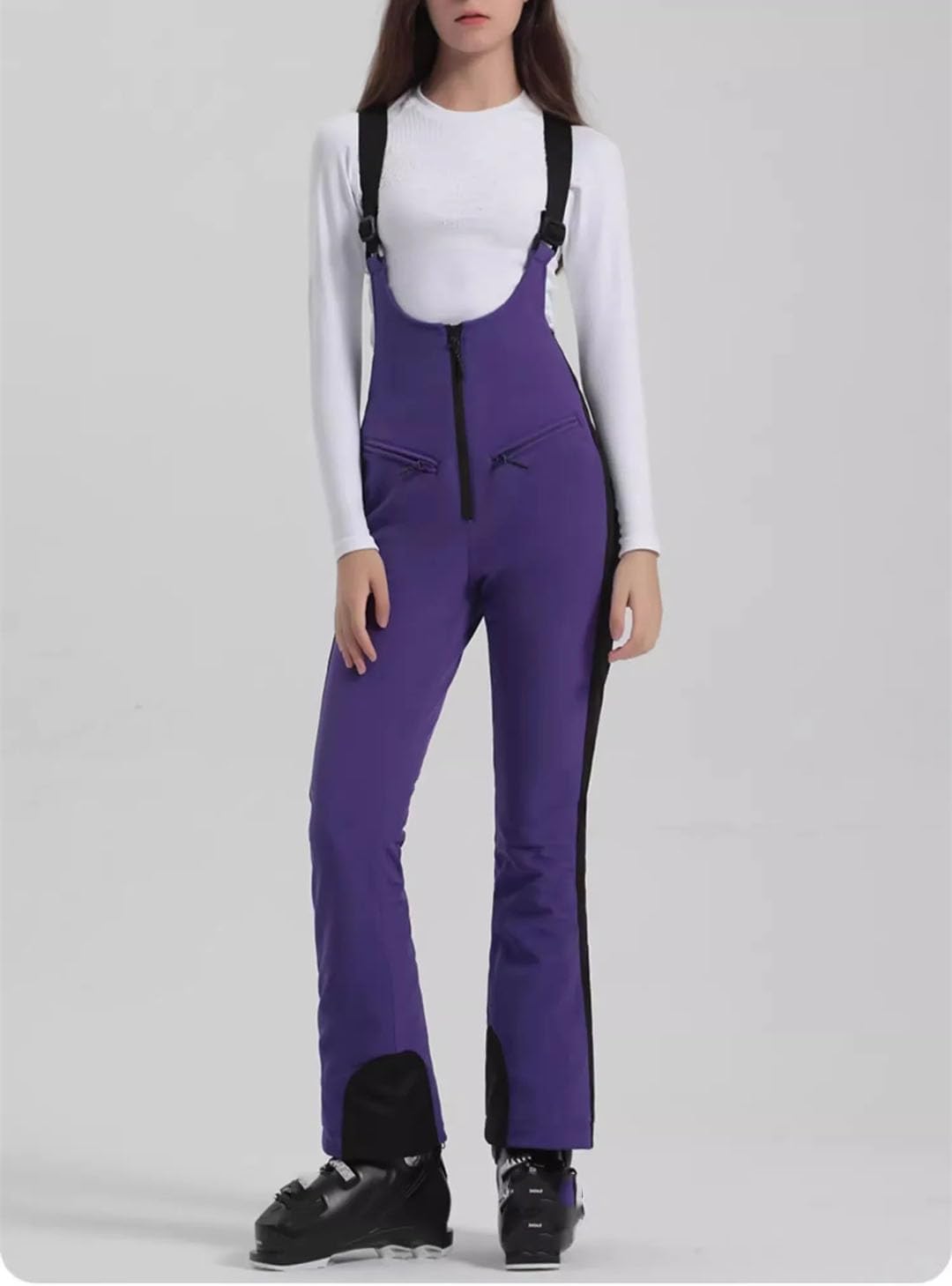 Women Ski Pant High Waist Elastic Snowboard Strap Pant Windproof Winter Zipper Thicken Thermal Trouser