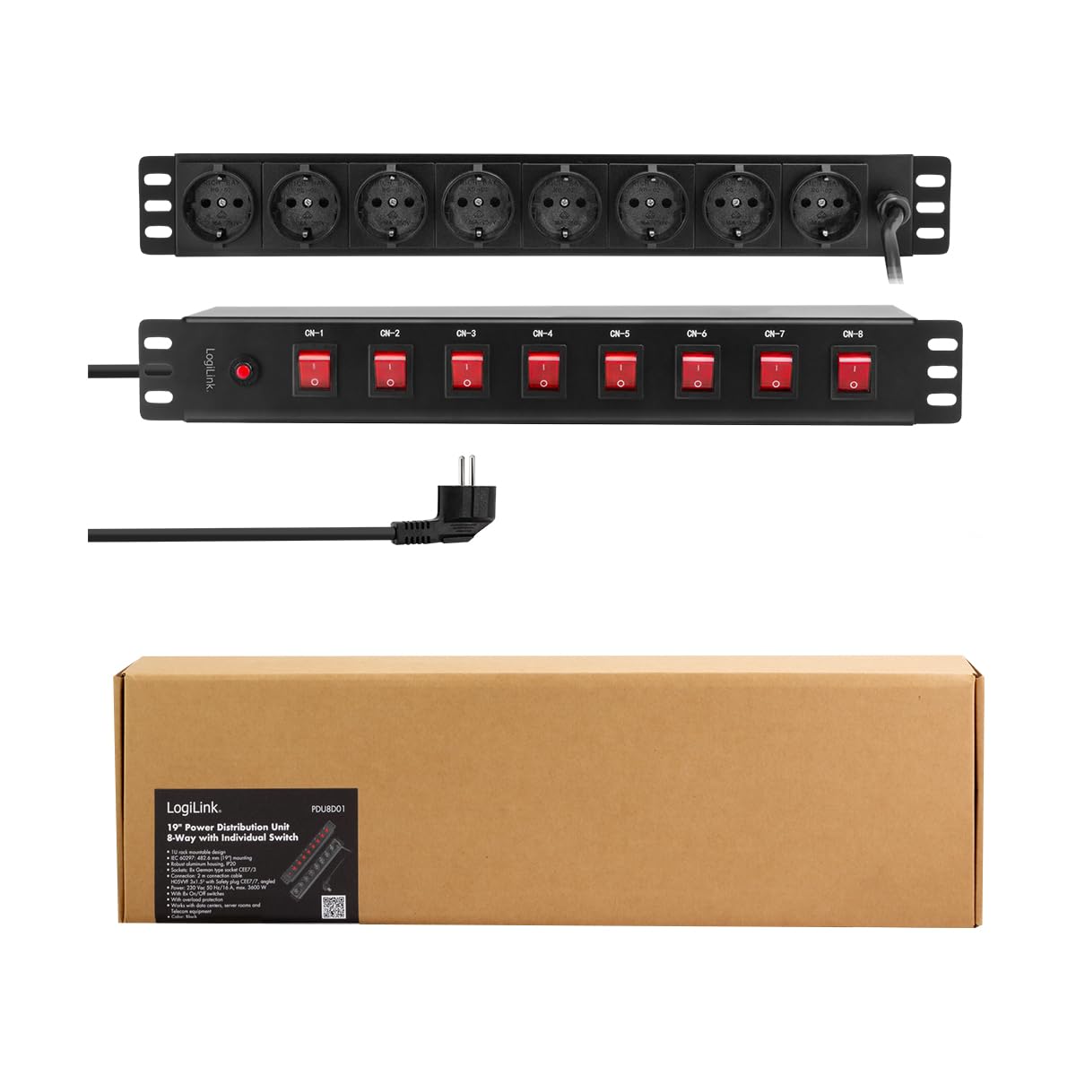 LogiLink PDU8D01-19" Steckdosenleiste 8-Fach, Jede Steckdose einzeln schaltbar, mit Überlastschutz
