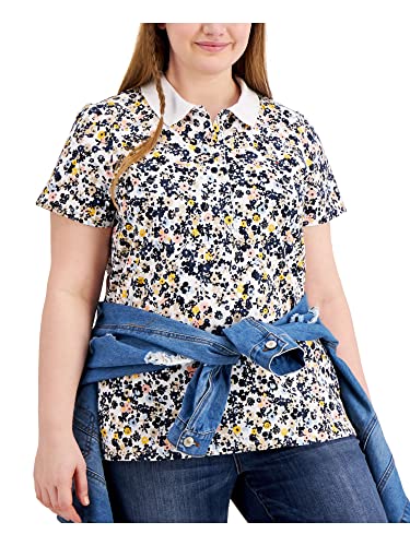 Tommy Hilfiger Women's Classic Short Sleeve Polo (Standard And Plus Size), Tompkins Park-Bright White Multi, 2X #TOP2