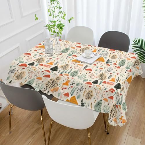AMmao Beige Forest Mushrooms Tablecloth Square 60 x 60 Inch Washable Table Cloth Fabric Table Covers for Indoor Outdoor Kitchen Party Picnic Dining Holiday Decor