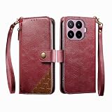 COQUE Etui portfelowe do Xiaomi 17T z przegródkami na karty i podstawką, kieszenią na suwak, zapięcie na guziki, pasek ochronny do Xiaomi 17T-czerwony