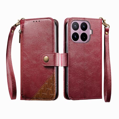 COQUE Etui portfelowe do Xiaomi 17T z przegródkami na karty i podstawką, kieszenią na suwak, zapięcie na guziki, pasek ochronny do Xiaomi 17T-czerwony