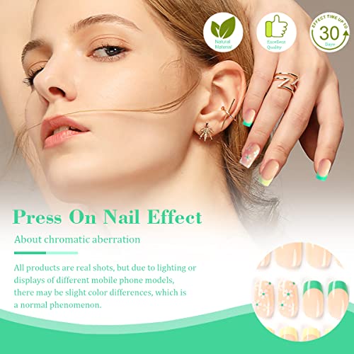 French Tips Press On Nails Short With White Flower Design Square Fake Nails Yellow Green French Nails False Nails With Glue Stickers Spring Press On Nail Acrylic Glossy Stick On Nails For Women Girls #TOP6