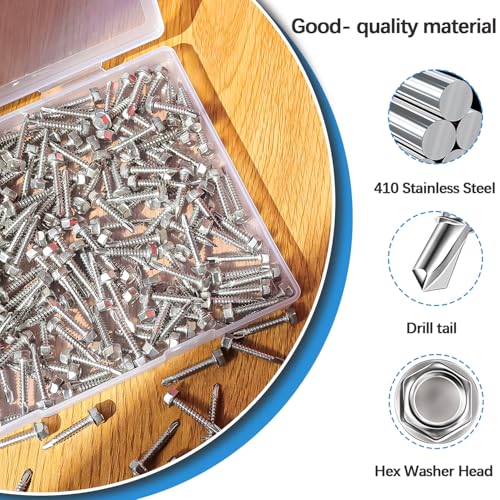 mxuteuk 300PCS #8×3/4" Self Tapping Screws,410 Stainless Steel Self Tapping Screws for Metal,Hex Washer Head Self Drilling Screw Suitable for Wood,Metal or Tough Materials(150pcs Screw+150pcs Washer) by mxuteuk - Image 3