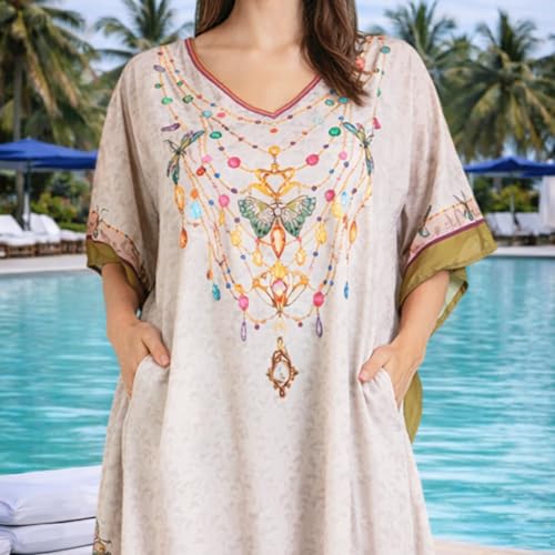 Image of Miss Lavish London Kaftan Dresses for Women Plus Size Long Batwing Sleeve Caftans, V Neck Moo Moo Printed Beach Cover Up Maxi Beach Dress, Bathing Suit Cover-Up Loungewear