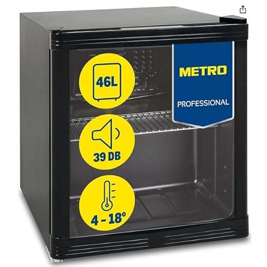 METRO Professional Minibar vitré/Réfrigérateur GPC1046, verre/acier inoxydable, 43 x 48 x 51.5 cm, 46 L, froid ventilé, noir