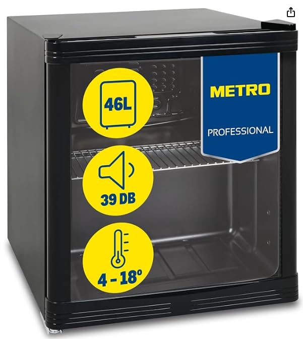 METRO Professional Minibar vitré/Réfrigérateur GPC1046, verre/acier inoxydable, 43 x 48 x 51.5 cm, 46 L, froid ventilé, noir