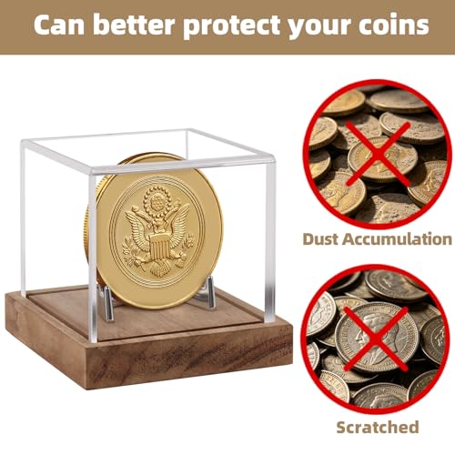 Image of Clear Acrylic Coin Display Case with Wood Base & Alloy Holder, Memorabilia Stand Cube Holder, Dust Protection Transparent Storage Box for Single Challenge Coin Souvenir Coin Collections