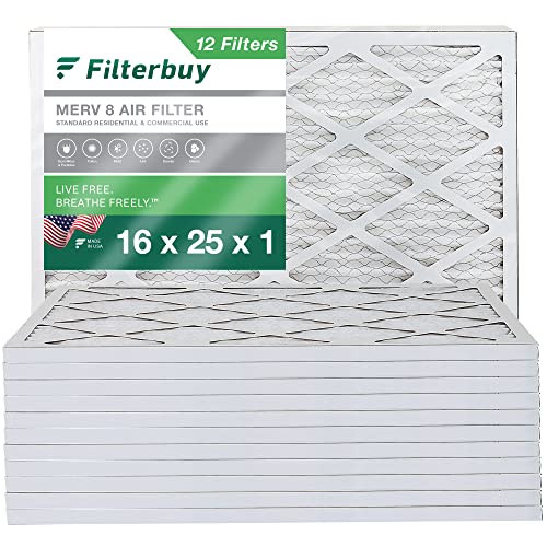 Filterbuy 16x25x1 Air Filter MERV 8 Dust Defense (12-Pack), Pleated HVAC AC Furnace Air Filters Replacement (Actual Size: 15.50 x 24.50 x 0.75 Inches)