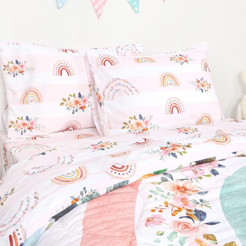 Image of Toddler Bedding Sets Twin Size for Girls, Rainbow Toddler Crib Bedding Set 5 Piece Floral Toddler Comforter Set Includes Flat Top Sheet, Fitted Sheet, Comforter, Envelope Pillowcase, Soft & Comfort