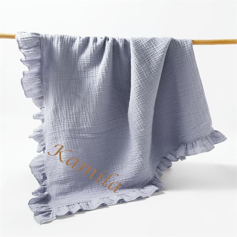 REEG Personalised Frill Edge Baby Blanket | Pram Blanket | Organic Cotton Baby Blanket | Frill Blanket | New Baby Gift (Blue,embroidery name)