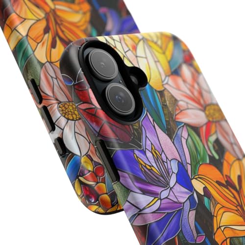 Coque iPhone 16 Plus rigide mate motif vitrail floral vif orange