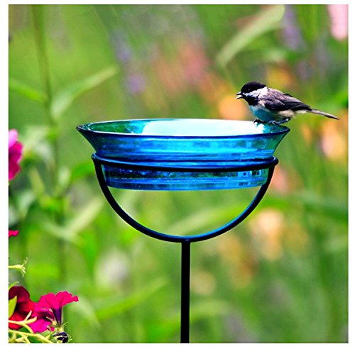 Romantic Decor and More Cuban Mosaic Garden Stake Birdbath Feeder G467VF Recycled Glass Birdseed Mealworm Bowl Container with Adjustable Height Stake - Aqua - Thumbnail 2
