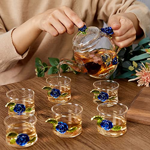 Glass Tea Set, Small Glass Tea Pot(11 Oz) And 6 Fancy Small Glass Tea Cups Set, Butterfly Rose Teapot Set With Teacups For Adults/Child's Tea Party/Afternoon Tea Party/Mother's Day/Holiday Gift #TOP5