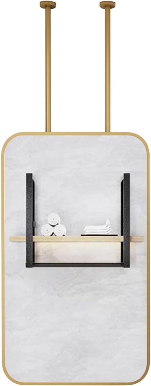 Gold Rectangle Ceiling Hung Mounted Mirror - Metal Frame Floating Boom Decorative Suspended Double Rods Vanity Shaving Bathroom Washroom