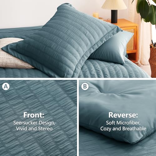 Image of CozyLux Oversized Queen Comforter Set with Sheets, 7 Pieces 98 inchx98 inch Mineral Blue Seersucker Bed in a Bag, Luxury Soft Bedding Sets with Down Alternative Comforter, Sheets, Pillowcases & Shams