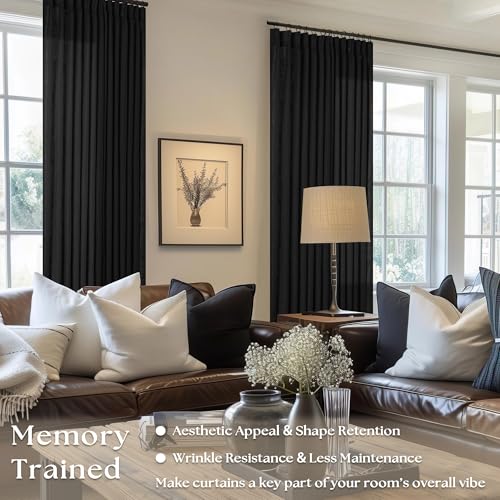 Image of 120 Inch Curtains High Ceiling Tall Curtains 2 Panels Set for Living Room Pinch Pleated with Hooks Rings Back Tab Bohemian Semi Sheer Drapes Cottage Long Large Window Drapes 120 Length Black