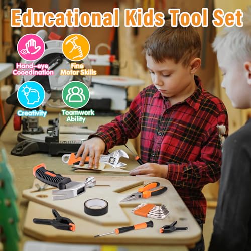 Kids Real Tool Set with Tool Bag Hand Tools Woodworking Kits Cardboard Tools for Kids Toy Hammer Learning Construction Toys for Boys Age 6-8 8-10 DIY Building 6 7 8 9 10 Year Old Boy Gift Christmas